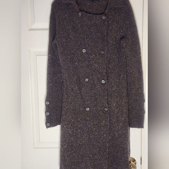 Express L Brown Beige Belt Knitted  WOOL Blend Longsleeve  Buttons Women Peacoat - Picture 6 of 11